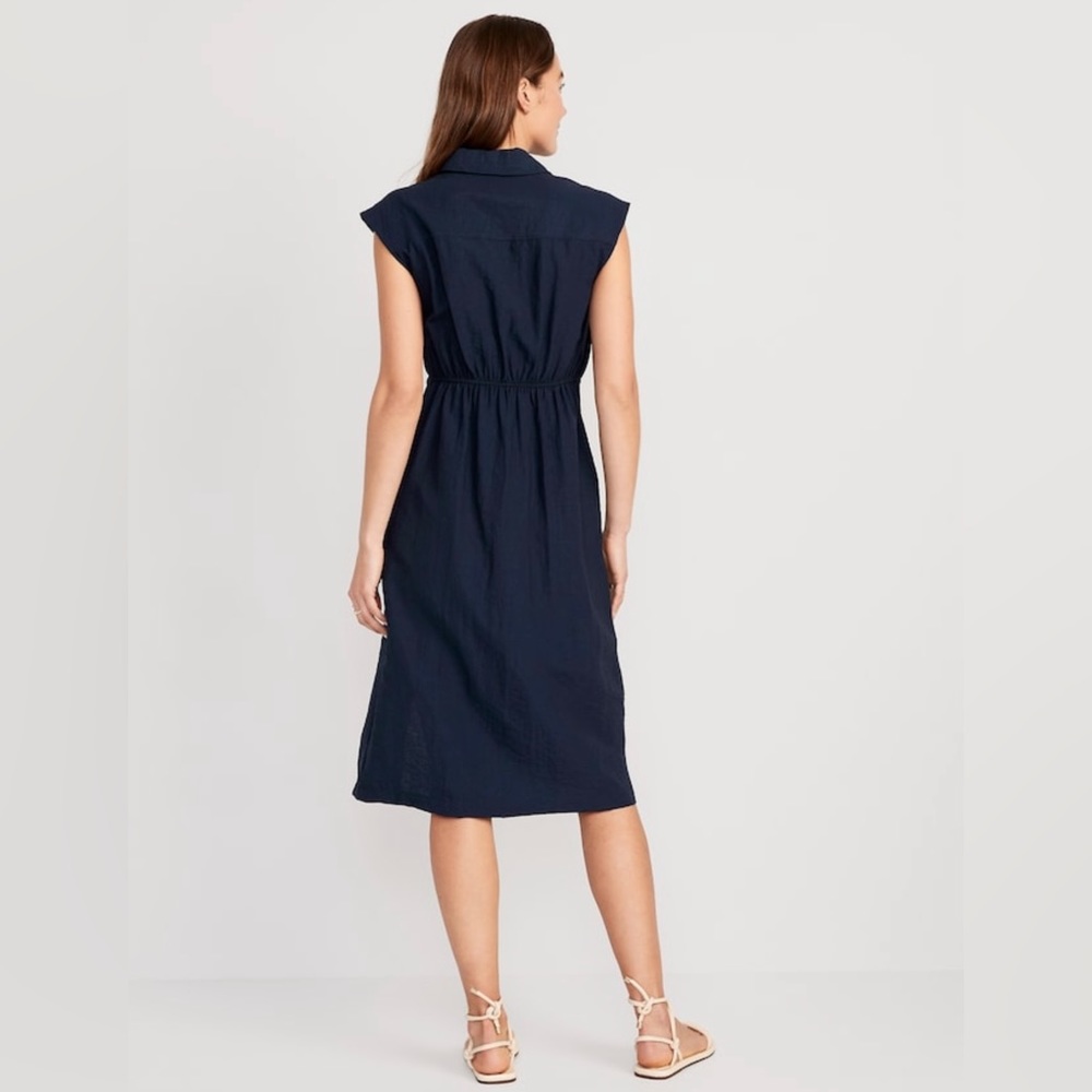 NWT! Navy Blue Waist-Defined Twist-Front Midi Shirt Dress - TALL SIZES - Picture 3 of 8